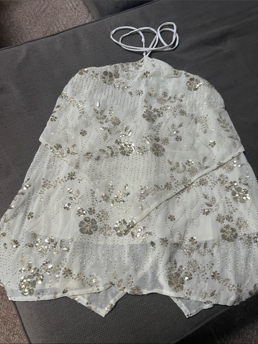 Altar'd State White Mini Skirt or long halter top with Gold Sequin Floral Trim